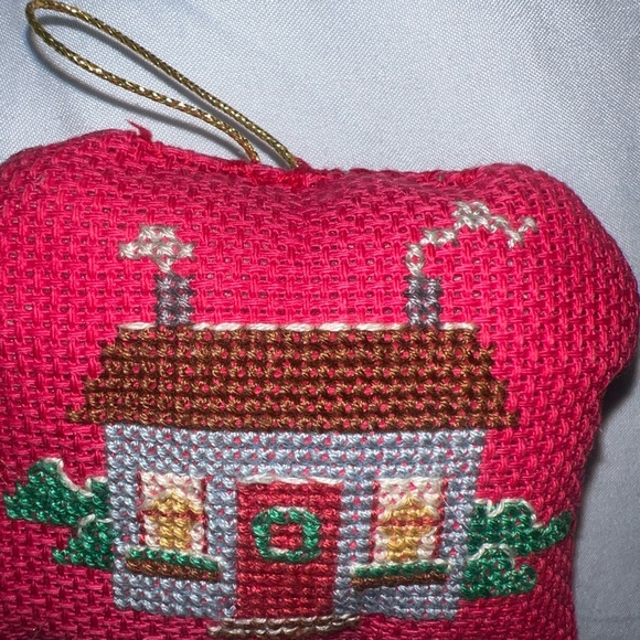 Vintage Christmas Cross Stitch Ornament stuffed Hanging Red House - Picture 4 of 7